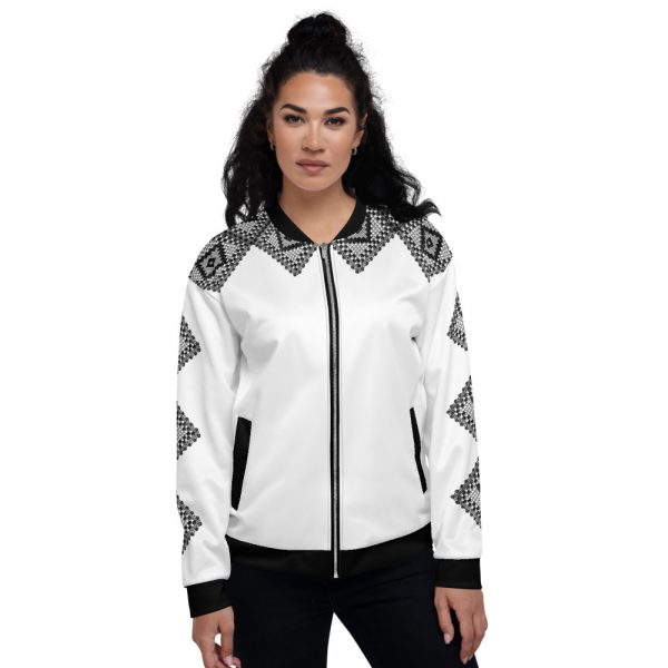 Damen Sweatjacke im Blouson Style Weiß Häkel Galonstreifen 2 all over print unisex bomber jacket white front 624aed90721ca