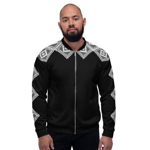 Men's Sweat Jacket in Blouson Style Black Crochet Stripes 4 all over print unisex bomber jacket white front 624af21946161