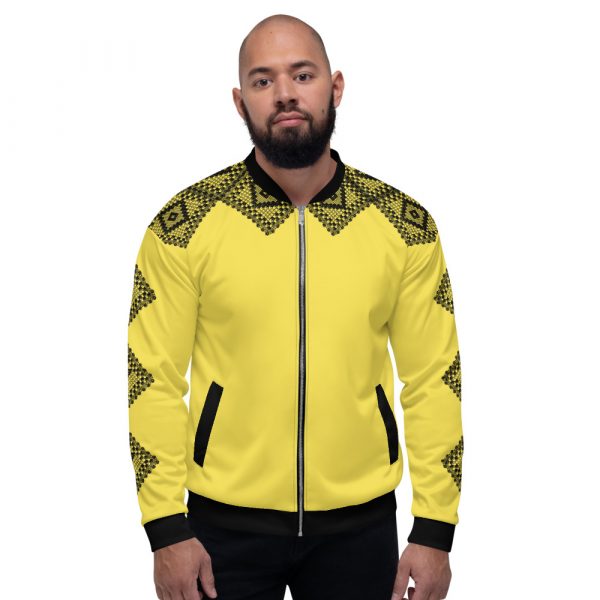 Men's Sweat Jacket in Blouson Style Illuminating Yellow Crochet Stripes 2 all over print unisex bomber jacket white front 624af52cdbc22