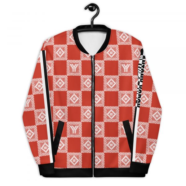 Men's Sweat Jacket in Blouson Style Red Crochet Checkers Stripes 2 all over print unisex bomber jacket white front 624c1cd001665