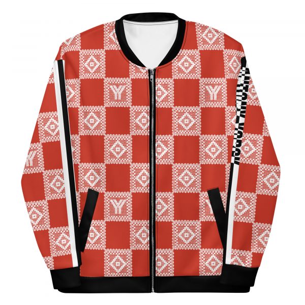 Ladies sweat jacket in blouson style red crochet checkers stripes 2 all over print unisex bomber jacket white front 624c1cd001a6d