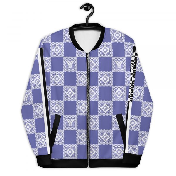 Ladies sweat jacket in blouson style purple crochet checkers stripes 2 all over print unisex bomber jacket white front 624c1d35251ee