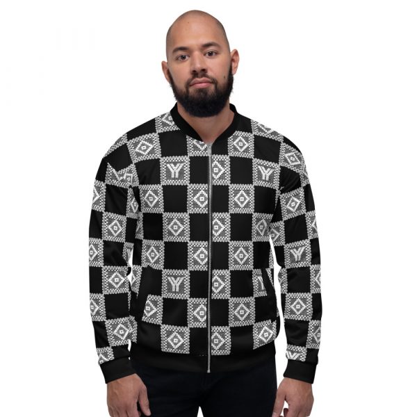 Men's Sweat Jacket in Blouson Style Anthracite Crochet Checkers Stripes 2 all over print unisex bomber jacket white front 62691427e5305