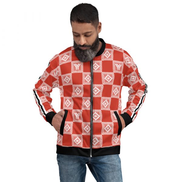 Men's Sweat Jacket in Blouson Style Red Crochet Checkers Stripes 5 all over print unisex bomber jacket white front 6269153c979ca