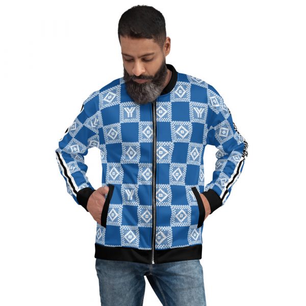 Men's sweat jacket in blouson style Sky Diver blue crochet checkers stripes 3 all over print unisex bomber jacket white front 626915de7b7bb