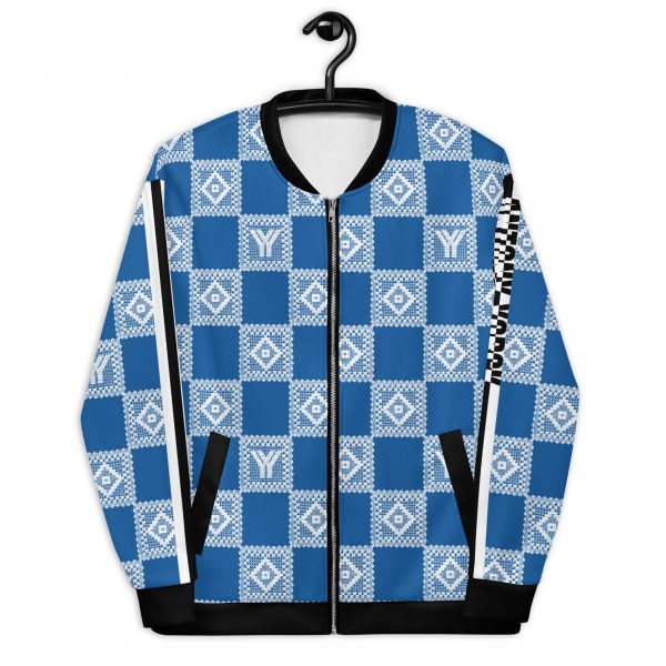 Men's sweat jacket in blouson style Sky Diver blue crochet checkers stripes 2 all over print unisex bomber jacket white front 62691cd60e5bb
