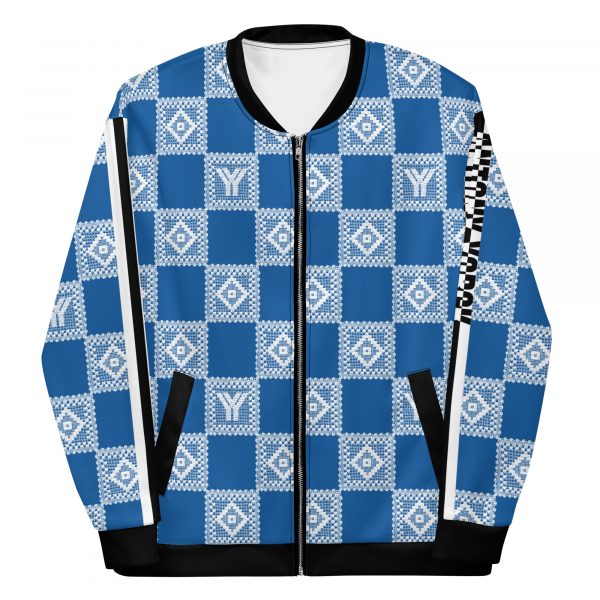 Men's sweat jacket in blouson style Sky Diver blue crochet checkers stripes 6 all over print unisex bomber jacket white front 62691cd60e7a1
