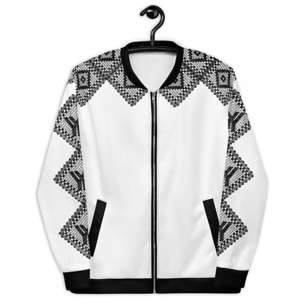 Damen Sweatjacke im Blouson Style Weiß Häkel Galonstreifen 2 all over print unisex bomber jacket white front 6269209bf2a97