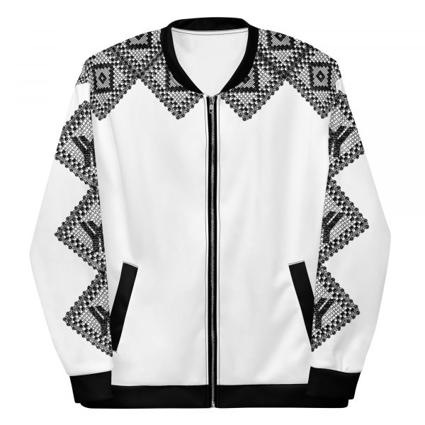 Damen Sweatjacke im Blouson Style Weiß Häkel Galonstreifen 8 all over print unisex bomber jacket white front 6269209bf2be7