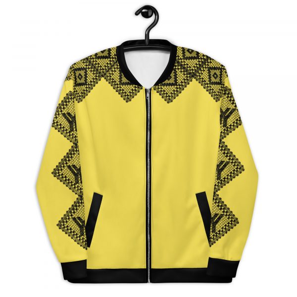Ladies Sweat Jacket in Blouson Style Illuminating Yellow Crochet Gallon Stripes 2 all over print unisex bomber jacket white front 626920e350d79