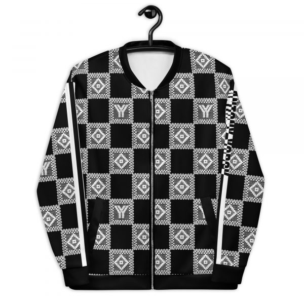 Ladies Sweat Jacket in Blouson Style Black Crochet Checkers Gallon Stripes 2 all over print unisex bomber jacket white front 626926e9363f7