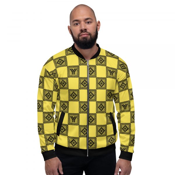 Men's sweat jacket in blouson style yellow crochet checkers with gallon stripes 9 all over print unisex bomber jacket white front 626948ef8ceb2