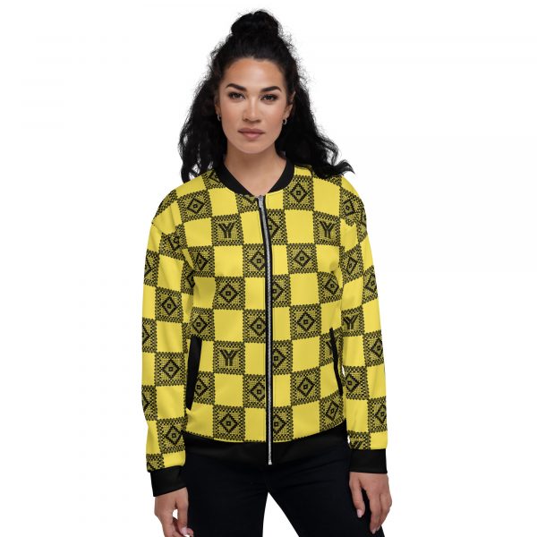 Ladies Sweat Jacket in Blouson Style Illumintaing Yellow Crochet Checkers Gallon Stripes 4 all over print unisex bomber jacket white front 626948ef8cfd7