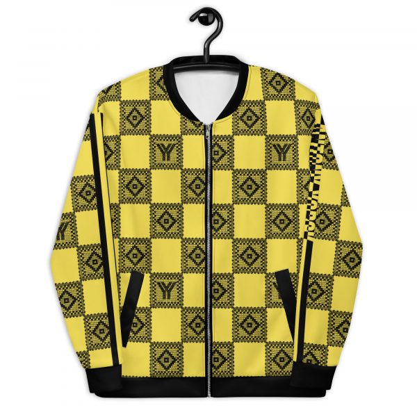 Ladies Sweat Jacket in Blouson Style Illumintaing Yellow Crochet Checkers Gallon Stripes 5 all over print unisex bomber jacket white front 626948ef8d0f9 1