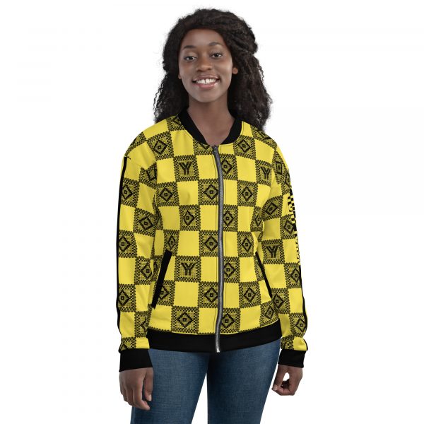 Ladies Sweat Jacket in Blouson Style Illumintaing Yellow Crochet Checkers Gallon Stripes 6 all over print unisex bomber jacket white front 626948ef8d474