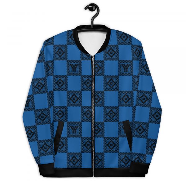 Damen Sweatjacke im Blouson Style Blau Häkel Checkers Galonstreifen 2 all over print unisex bomber jacket white front 627a4db85de61