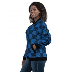 Damen Sweatjacke im Blouson Style Blau Häkel Checkers Galonstreifen
