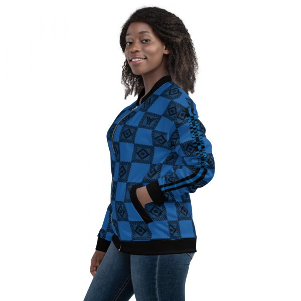 Ladies Sweat Jacket in Blouson Style Blue Crochet Checkers Gallon Stripes 6 all over print unisex bomber jacket white left 624ae1c5b0f60