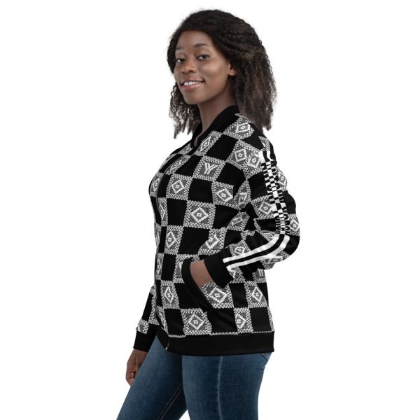 Ladies Sweat Jacket in Blouson Style Black Crochet Checkers Gallon Stripes 6 all over print unisex bomber jacket white left 624ae2ccf41d6