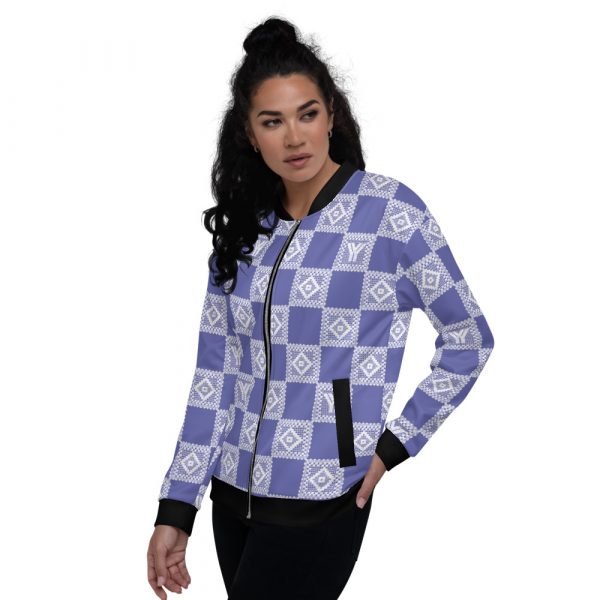Ladies sweat jacket in blouson style purple crochet checkers stripes 10 all over print unisex bomber jacket white left 624ae51628932