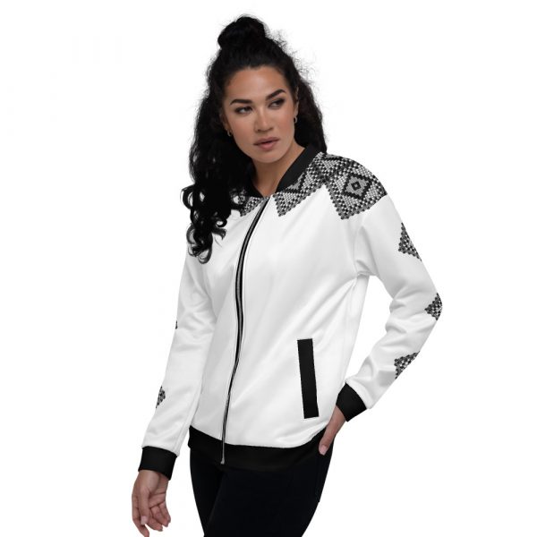 Damen Sweatjacke im Blouson Style Weiß Häkel Galonstreifen 4 all over print unisex bomber jacket white left 624aed90725f5