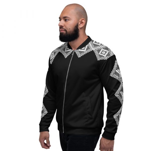 Men's Sweat Jacket in Blouson Style Black Crochet Stripes 3 all over print unisex bomber jacket white left 624af21946524