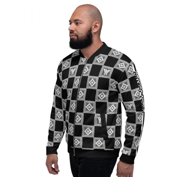 Men's Sweat Jacket in Blouson Style Anthracite Crochet Checkers Stripes 4 all over print unisex bomber jacket white left 62691427e5a88
