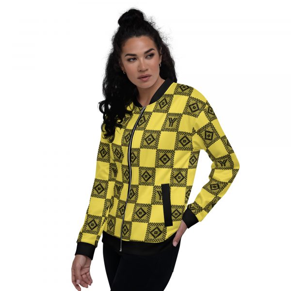 Ladies Sweat Jacket in Blouson Style Illumintaing Yellow Crochet Checkers Gallon Stripes 7 all over print unisex bomber jacket white left 626948ef8ccfe