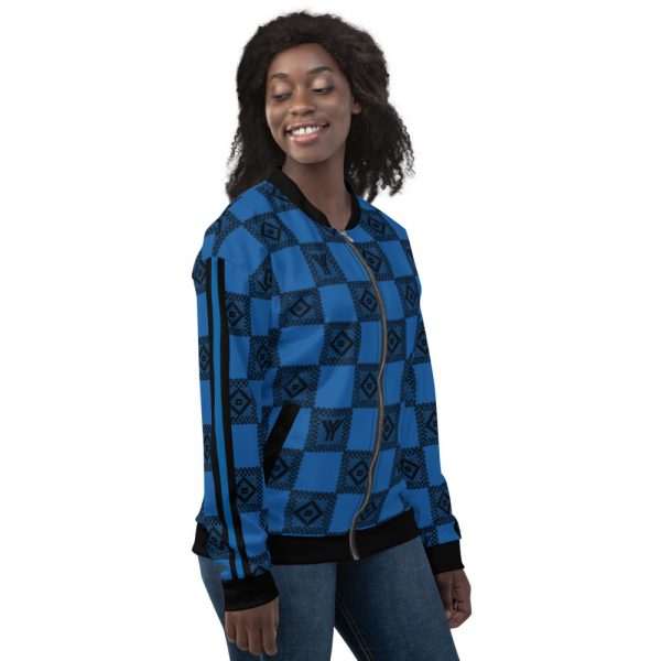 Damen Sweatjacke im Blouson Style Blau Häkel Checkers Galonstreifen 5 all over print unisex bomber jacket white right 624ae1c5b0d73