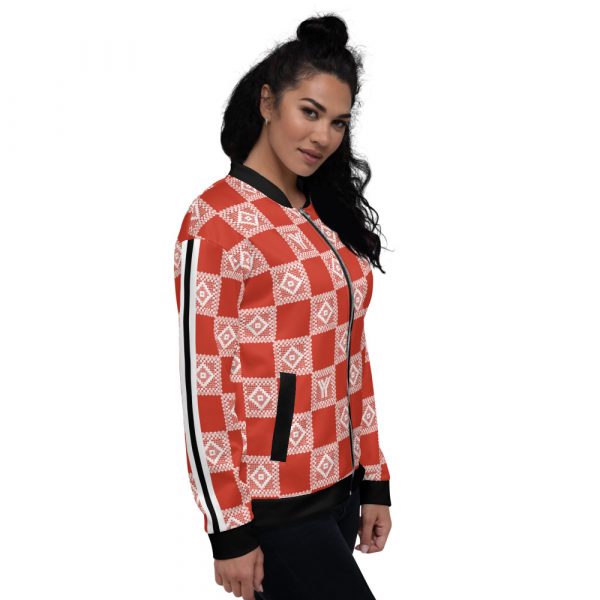 Ladies sweat jacket in blouson style red crochet checkers stripes 5 all over print unisex bomber jacket white right 624ae42281f07