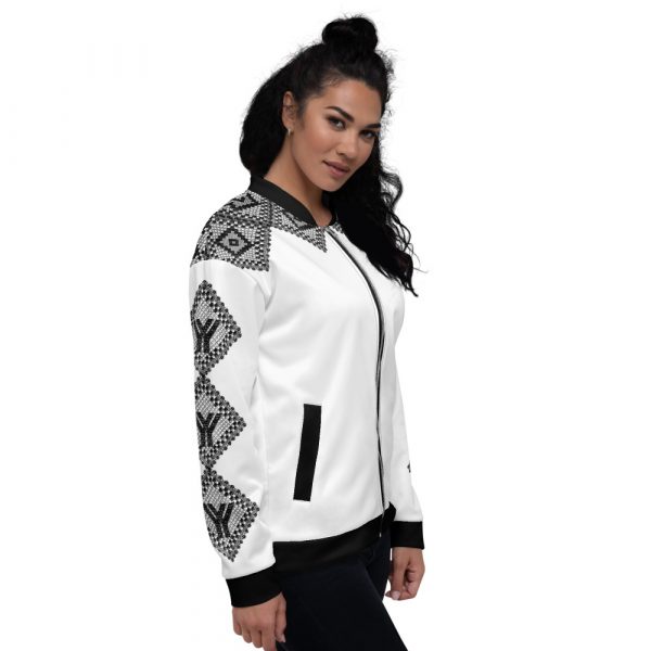 Ladies Sweat Jacket in Blouson Style White Crochet Gallon Stripes 5 all over print unisex bomber jacket white right 624aed90723fe