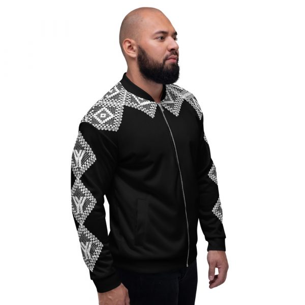 Men's Sweat Jacket in Blouson Style Black Crochet Stripes 2 all over print unisex bomber jacket white right 624af21946417