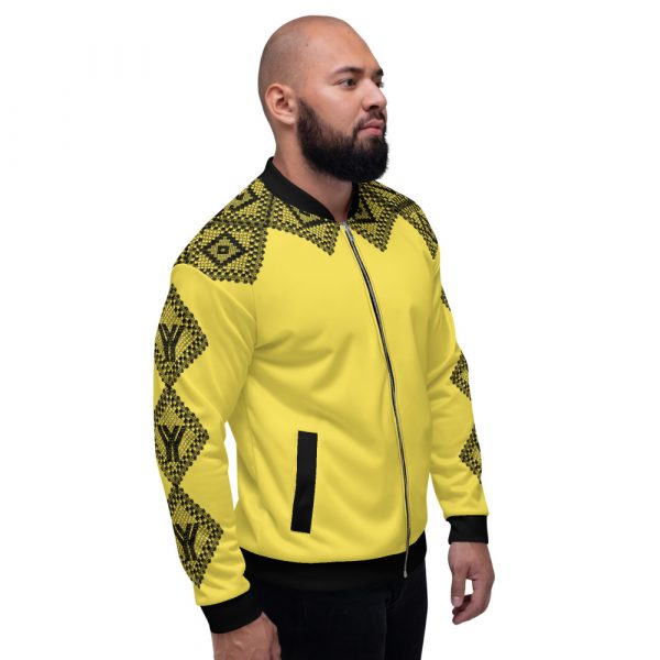 Men's Sweat Jacket in Blouson Style Illuminating Yellow Crochet Stripes 4 all over print unisex bomber jacket white right 624af52cdbe86