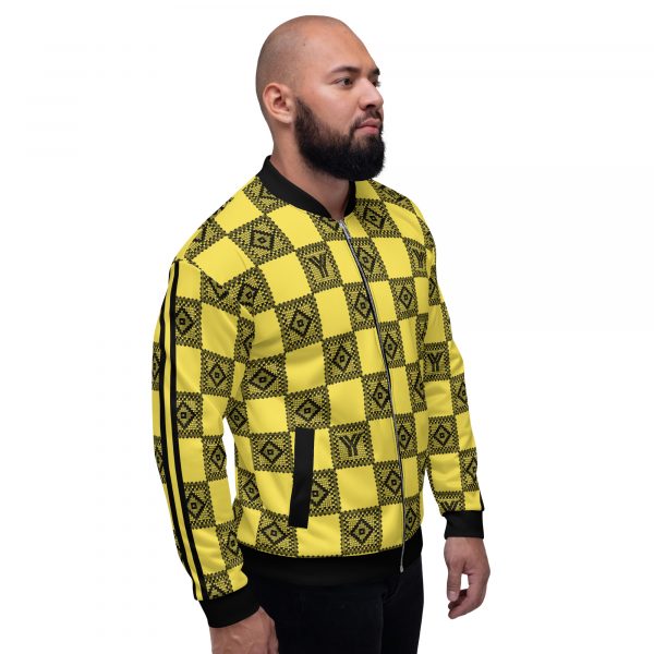Men's sweat jacket in blouson style yellow crochet checkers with gallon stripes 5 all over print unisex bomber jacket white right 626948ef8df9d