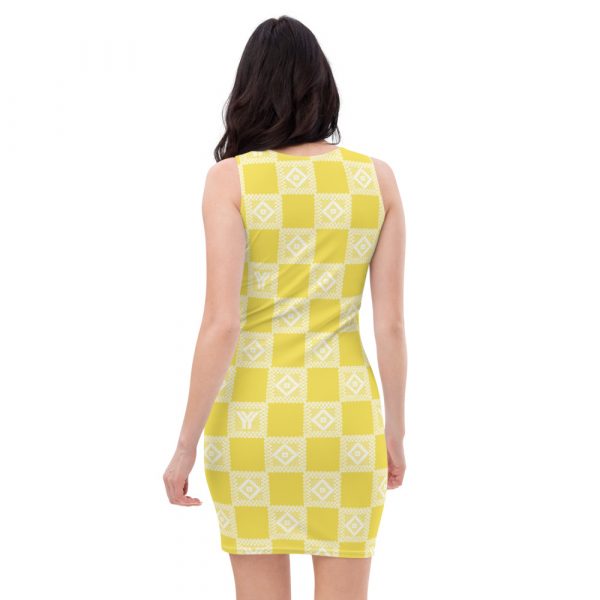 Designer Damen Kleid illuminating Gelb Häkel Crochet Checkers Style 3 all over print dress white back 6287393b786e4