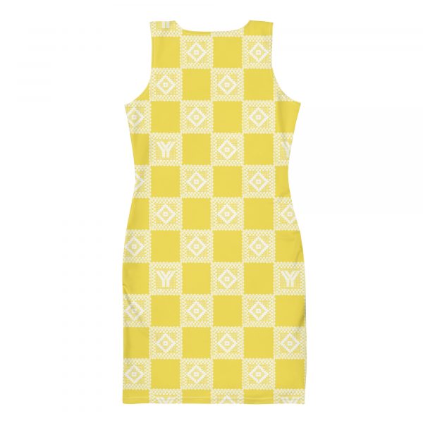 Designer Damen Kleid illuminating Gelb Häkel Crochet Checkers Style 1 all over print dress white back 628762ff2874d