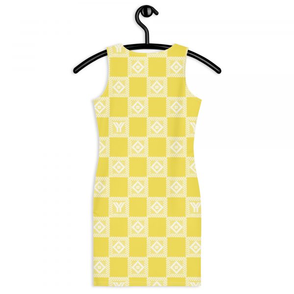 Designer Damen Kleid illuminating Gelb Häkel Crochet Checkers Style 3 all over print dress white back 628762ff28846