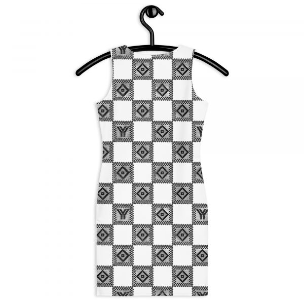 Designer Damen Kleid Weiß Schwarz Häkel Crochet Checkers Style 3 all over print dress white back 628763fd9a5de