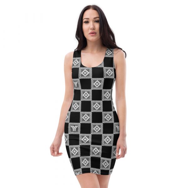 Designer Damen Kleid schwarz Häkel Crochet Checkers Style 2 all over print dress white front 628737ff6cb8a