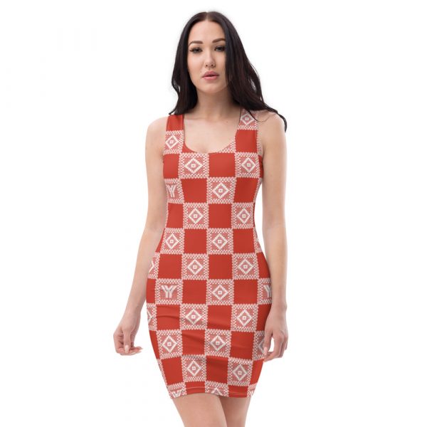 Designer Damen Kleid Rot Häkel Crochet Checkers Style 1 all over print dress white front 6287389943945