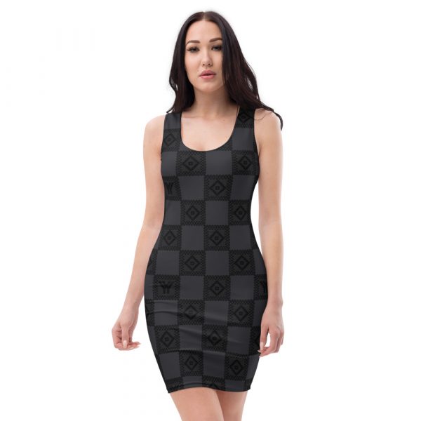 Designer Ladies Dress Charcoal Black Crochet Crochet Checkers Style 4 all over print dress white front 628740092c346