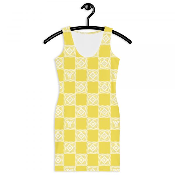 Designer Damen Kleid illuminating Gelb Häkel Crochet Checkers Style 2 all over print dress white front 628762ff287c9