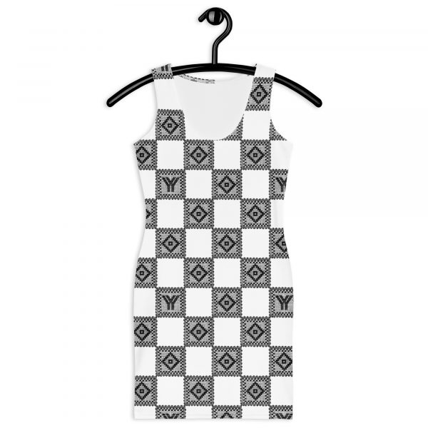 Designer Damen Kleid Weiß Schwarz Häkel Crochet Checkers Style 2 all over print dress white front 628763fd9a510