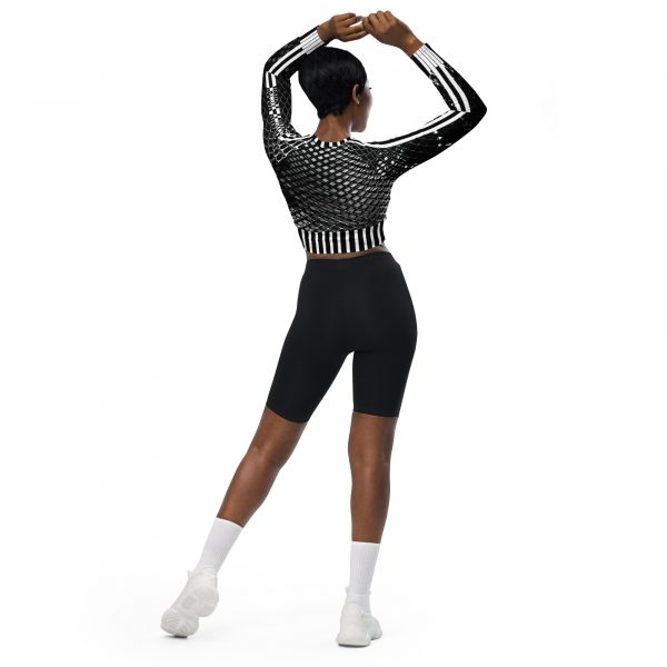 Damen Recycling Crop Top Langarm Mesh Print Schwarz Weiß 1 all over print recycled long sleeve crop top white back 63849f5897a1f