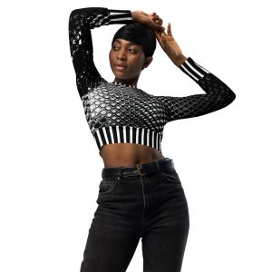 Damen Recycling Crop Top Langarm Mesh Print Schwarz Weiß