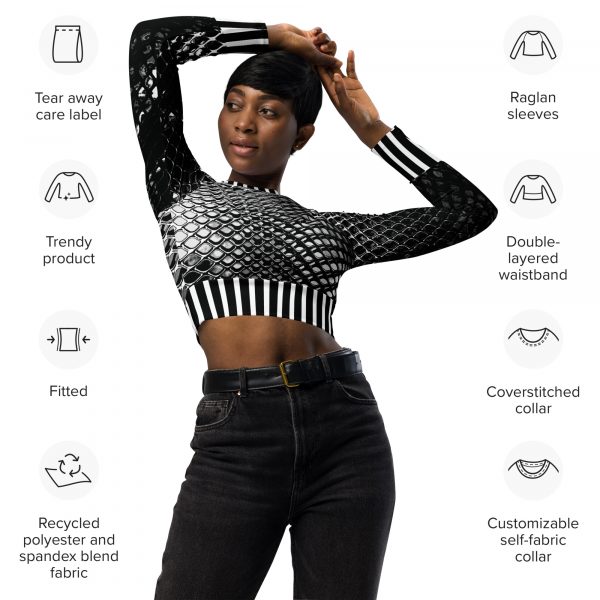 Damen Recycling Crop Top Langarm Mesh Print Schwarz Weiß 7 all over print recycled long sleeve crop top white front 2 6384a39ab9978