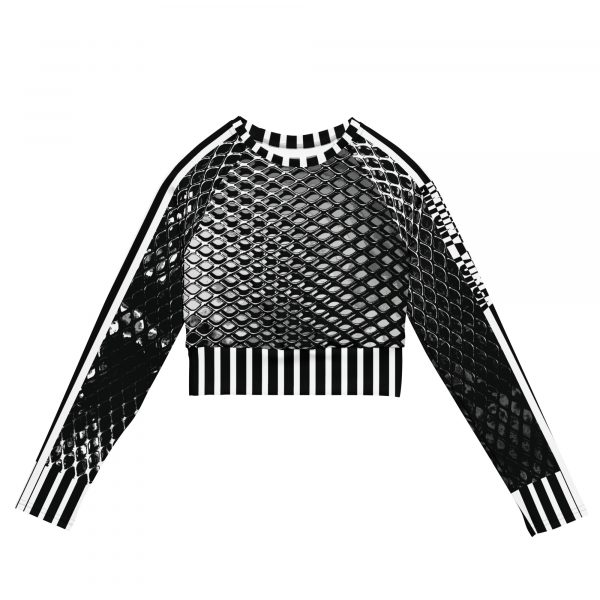 Damen Recycling Crop Top Langarm Mesh Print Schwarz Weiß 3 all over print recycled long sleeve crop top white front 6384a39ab93e3