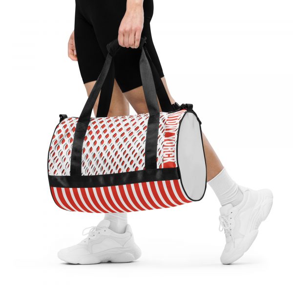 Designer sports bag mesh style orange white 7 all over print gym bag white front 638e1e8530073