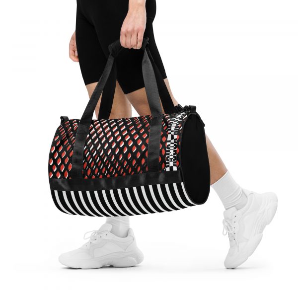 Designer Sports Bag Mesh Style Orange Black White 1 all over print gym bag white front 638e1f6bcb347