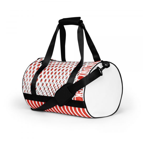 Designer sports bag mesh style orange white 6 all over print gym bag white left front 638e1dd378d85